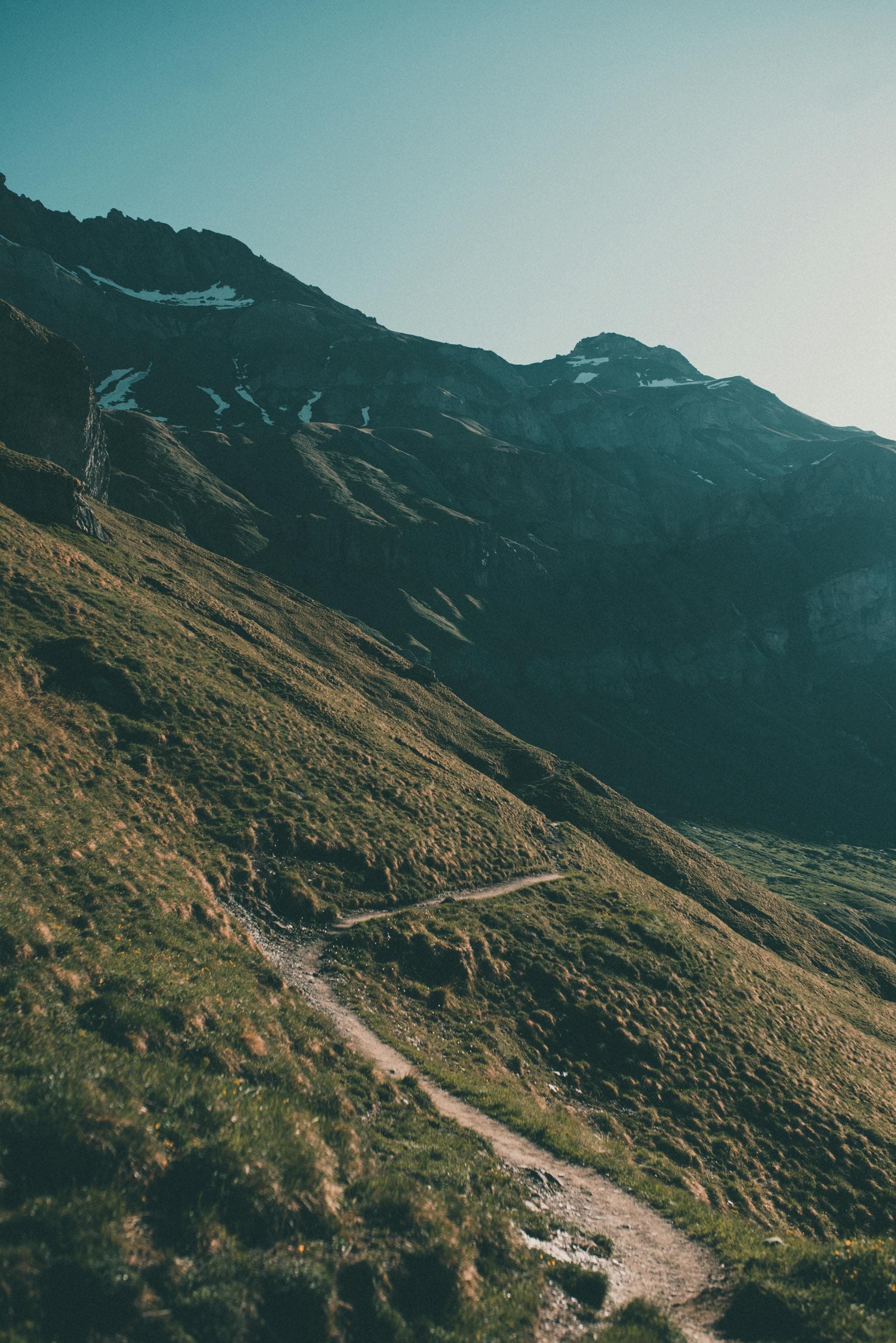 Mountain trail leading towards snow-capped peaks